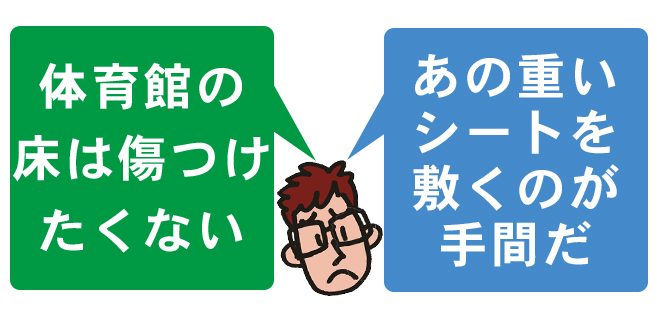 体育館の思いシートを敷くのが面倒