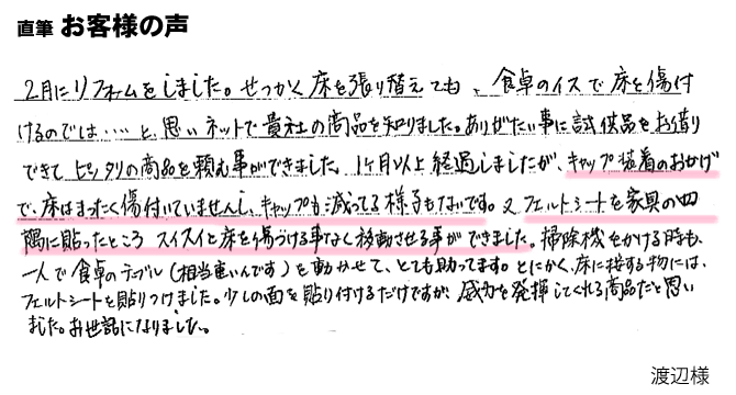 キャップ装着のおかげで、床はまったく傷ついていません